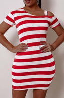 Chic Women's Short Sleeve Striped Dress with Asymmetrical Neckline