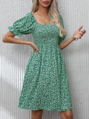 Floral Puff Sleeve Dress with Elastic Waist