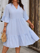 Women's V-Neck Striped Dress with Ruffle Sleeves