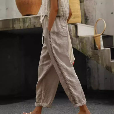Chic Women’s Linen Trousers with Button Accents