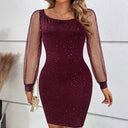 Chic Women's Cocktail Dress with Sheer Sleeves and Glitter Accents