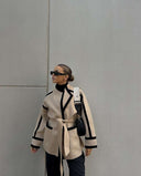 Chic Women's Blazer Jacket with Waist Belt & Contrast Stitching