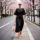 Chic Midi Dress with Wide Waist Belt and Relaxed Sleeves