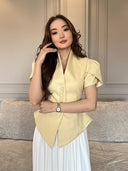 Chic Women's Designer Blouse with Puff Sleeves and Button Accents