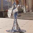 Stunning Sequin Evening Dress with V-Neck and Long Sleeves