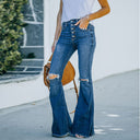 Chic Women's Flared Jeans with Trendy Distressed Design and Button Accents