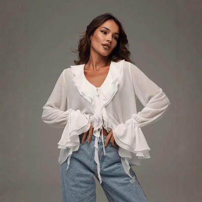Chic Ruffled Chiffon Blouse with Drawstring for Women