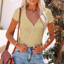 Stylish Short Sleeve V-Neck Tee with Button Detail