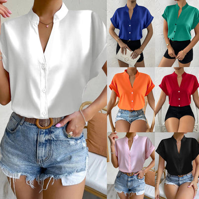 Stylish Short Sleeve Blouse with Stand-Up Collar and Button Accents