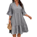 Women's V-Neck Striped Dress with Ruffle Sleeves