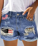 Chic Women's Denim Shorts with USA Graphic and Distressed Accents