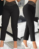 Chic Women's High-Waisted Pants with Decorative Inserts