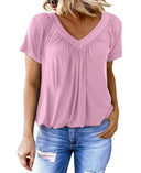 Women’s Airy V-Neck Blouse with Pleats & Short Sleeves