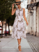 Women's Midi Dress with Modern Wave Pattern and Stand-Up Collar