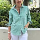 Striped Women's Long Sleeve Blouse with Hidden Button Detail
