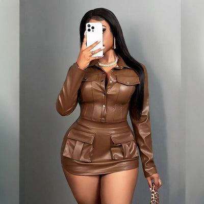 Chic Women's Faux Leather Mini Dress with Flap Pockets
