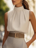 Chic Stand-Up Collar Blouse with Pleats for Women