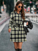 Checkered Long Sleeve Shirt Dress with Tie Belt