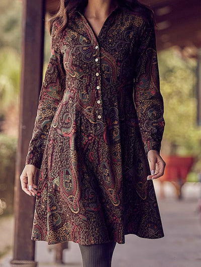 Paisley Patterned Women's Shirt Dress with Button Accents