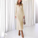 Textured Rib Midi Dress with V-Neck for Women