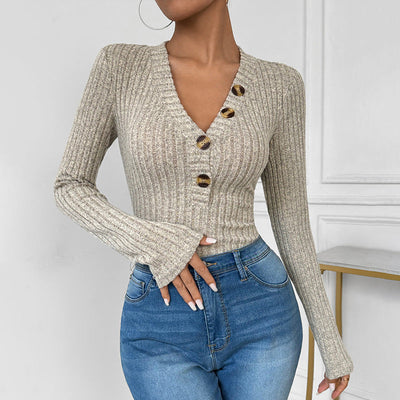 Chic Women's Long Sleeve Ribbed Bodysuit with Button Detail