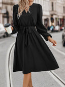 V-Neck Women's Dress with Waist Belt and Long Sleeves
