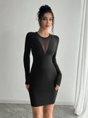 Chic Women's Long Sleeve Dress with V-Neck & Sheer Accents