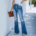 Trendy High-Waisted Flared Jeans with Distressed Accents
