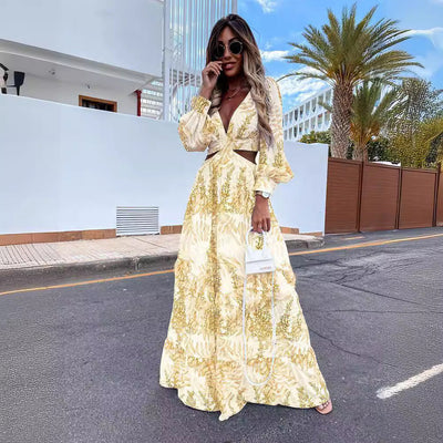 Chic Women's Maxi Dress with V-Neck and Flirty Ruffles