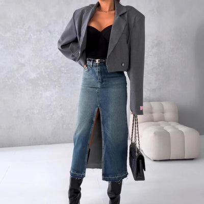 Trendy Women's High Slit Denim Skirt in Vintage Style