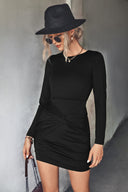 Chic Knee-Length Wrap Dress with Ruching and Long Sleeves