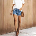 Trendy Women's Distressed Denim Shorts with Frayed Edges