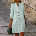Stylish Women's Striped Shirt Dress with Button Placket and 3/4 Sleeves