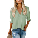 Chic V-Neck Blouse with Ruffled Sleeves and Pleats