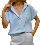 Chic Short Sleeve Blouse with Chest Pocket