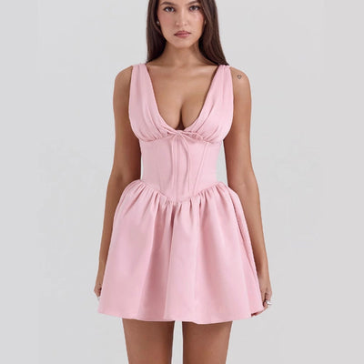 Women's Deep V-Neck Dress with Flared Skirt