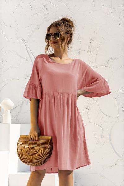 Chic Women's Dress with Balloon Sleeves and Handy Pockets