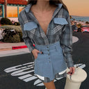 Chic Women's Checkered Blouse & Denim Skirt Set