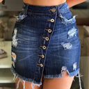 Vintage-Inspired Denim Skirt with Button Closure & Fringes