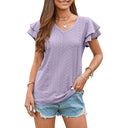 Women's V-Neck T-Shirt with Ruffle Accents and Eyelet Design