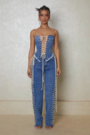 Chic Women's Denim Overalls with Lacing Detail