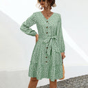 Chic Women's Buttoned V-Neck Dress with Adjustable Belt