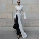 Chic Maxi Dress with Asymmetrical Color and High Neck Design