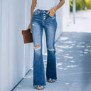 Trendy High-Waisted Flared Jeans with Distressed Accents