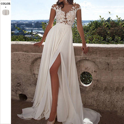 Women's Lace Top Wedding Dress with Flowing Skirt