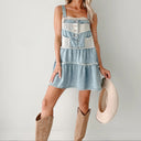 Chic Denim Pinafore Dress with Lace Trim and Frayed Hem