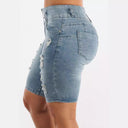 High-Waisted Denim Bermuda Shorts with Distressed Design