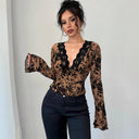 Women's Lace Top with Deep V-Neck & Ruffle Accents