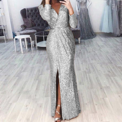 Chic Wrap Dress with Side Slit and Glamorous Accents