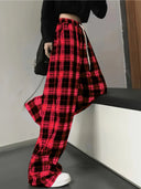 Checked Women's Leisure Pants with Adjustable Waist